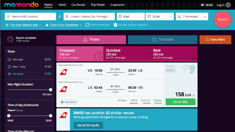 Plane ticket search page